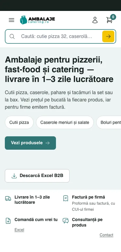 Prima pagină pe telefon: căutarea, titlul, categoriile căutate des, butoanele „Vezi produsele” și „Descarcă Excel B2B”.