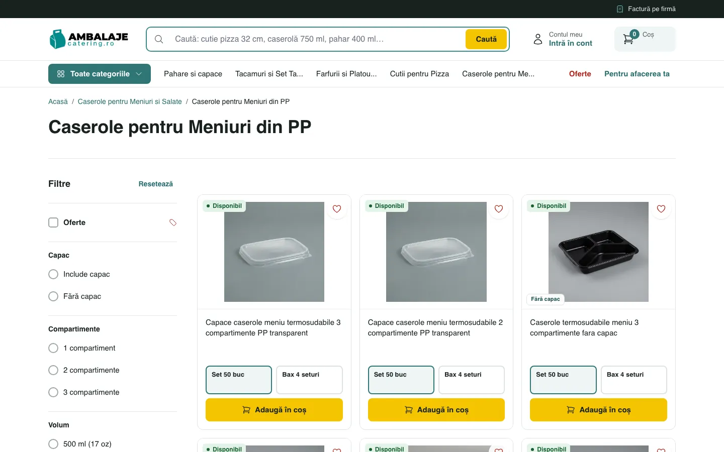 Categoria de caserole pentru meniuri pe desktop: filtrele pe capac, compartimente și volum în stânga, cardurile de produs cu alegerea set sau bax și butonul „Adaugă în coș”.
