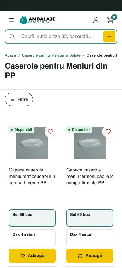 Categoria de caserole pe telefon: butonul de filtre și cardurile de produs pe două coloane, cu setul, baxul și butonul „Adaugă”.