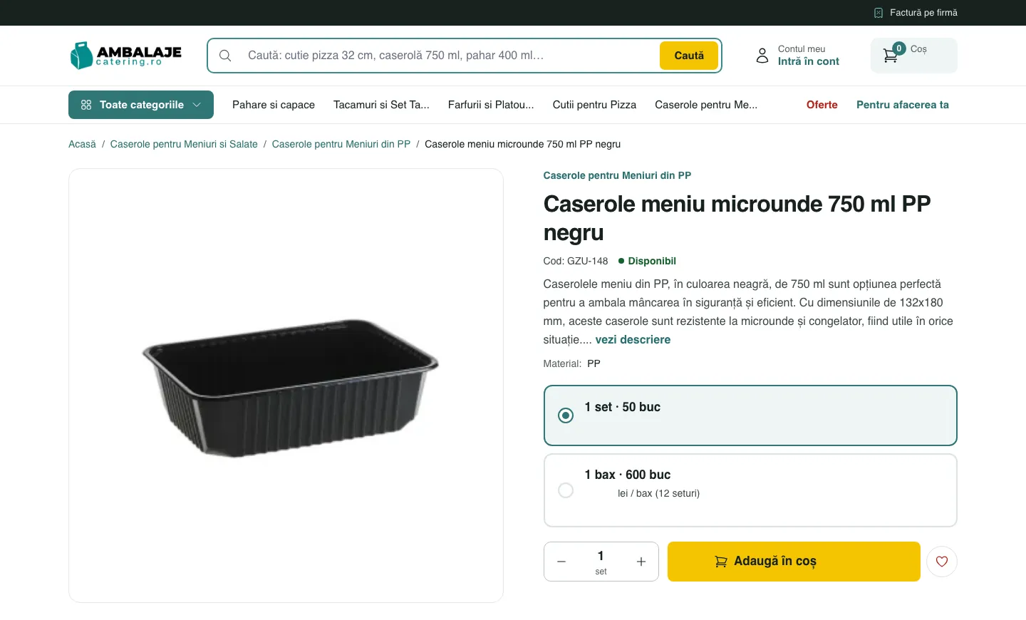 Pagina unei caserole pe desktop: fotografia produsului, descrierea, materialul, alegerea între set și bax, cantitatea și butonul „Adaugă în coș”.
