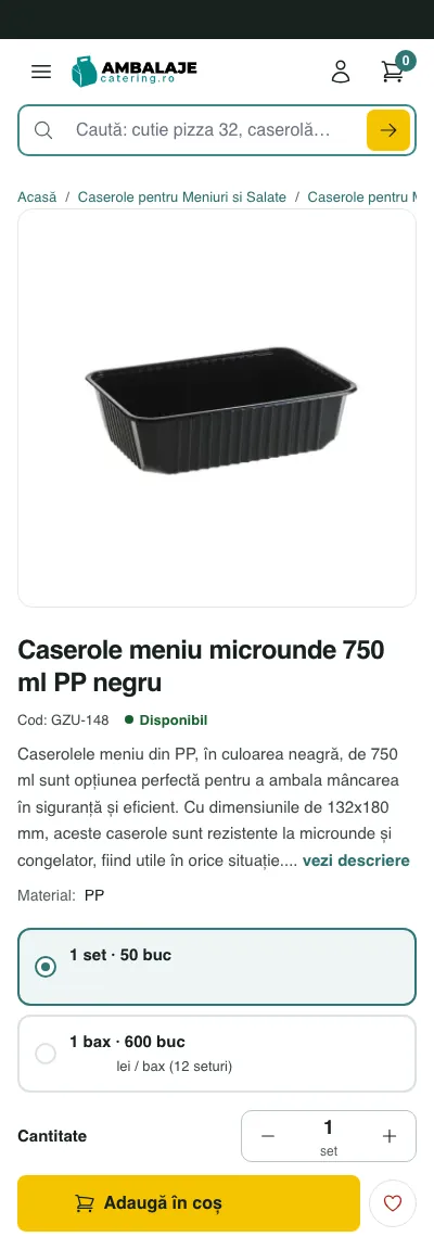 Pagina de produs pe telefon: fotografia, descrierea, alegerea set sau bax, cantitatea și butonul „Adaugă în coș”.
