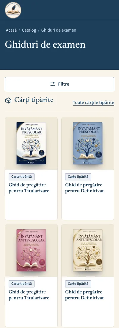 Categoria „Ghiduri de examen” pe telefon: filtre, cărțile tipărite și e-book-urile în grile separate.