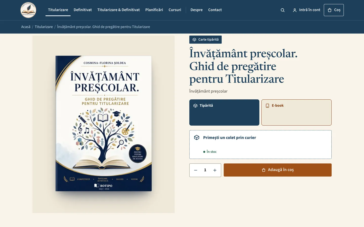 Pagina de produs pe desktop: coperta ghidului, titlul, alegerea Tipărită sau E-book, livrarea prin curier și butonul „Adaugă în coș”.