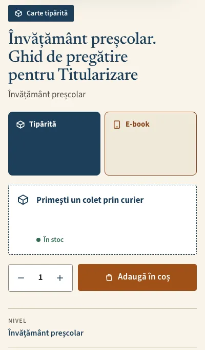 Pagina de produs pe telefon: titlul ghidului, alegerea Tipărită sau E-book, stocul și butonul „Adaugă în coș”.