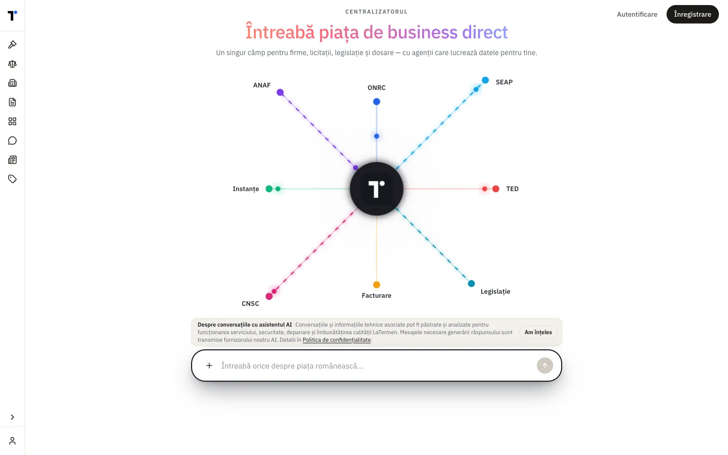 Pagina de start LaTermen: titlul „Întreabă piața de business direct”, harta surselor legate în jurul unui nod central și câmpul de întrebare.