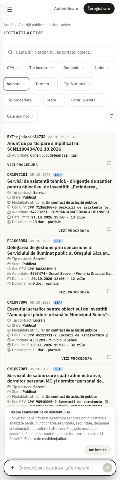 Lista licitațiilor active pe lățime de telefon: filtre după CPV, tip de lucrare, județ și termen, apoi anunțuri cu codul, autoritatea contractantă și data limită.