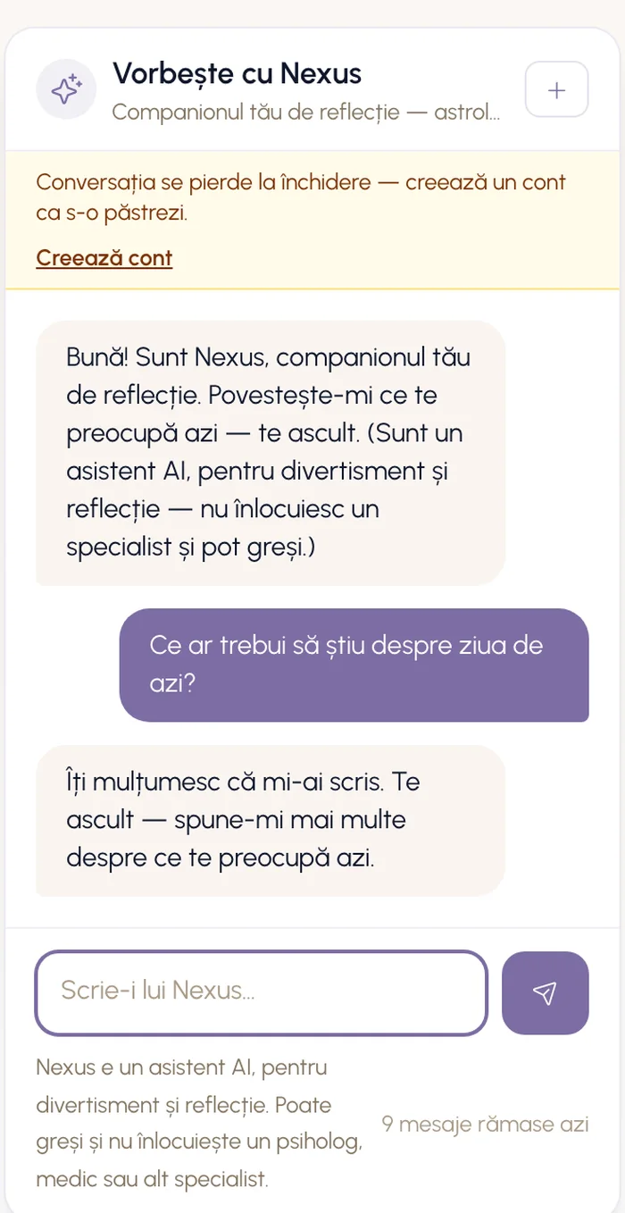 Același panou pe lățime de telefon, așezat pe o singură coloană, cu caseta de mesaj sub conversație.