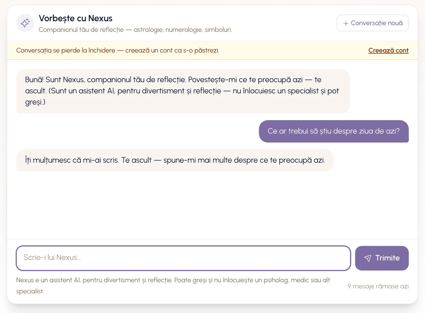 Panoul asistentului: un mesaj de deschidere care spune că este un AI și că poate greși, o notificare că nu se păstrează conversația, o întrebare și un răspuns, și mesajele rămase azi.