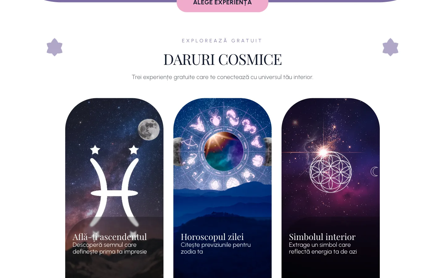 Secțiunea „Daruri cosmice”: trei experiențe gratuite — ascendentul, horoscopul zilei și simbolul interior.