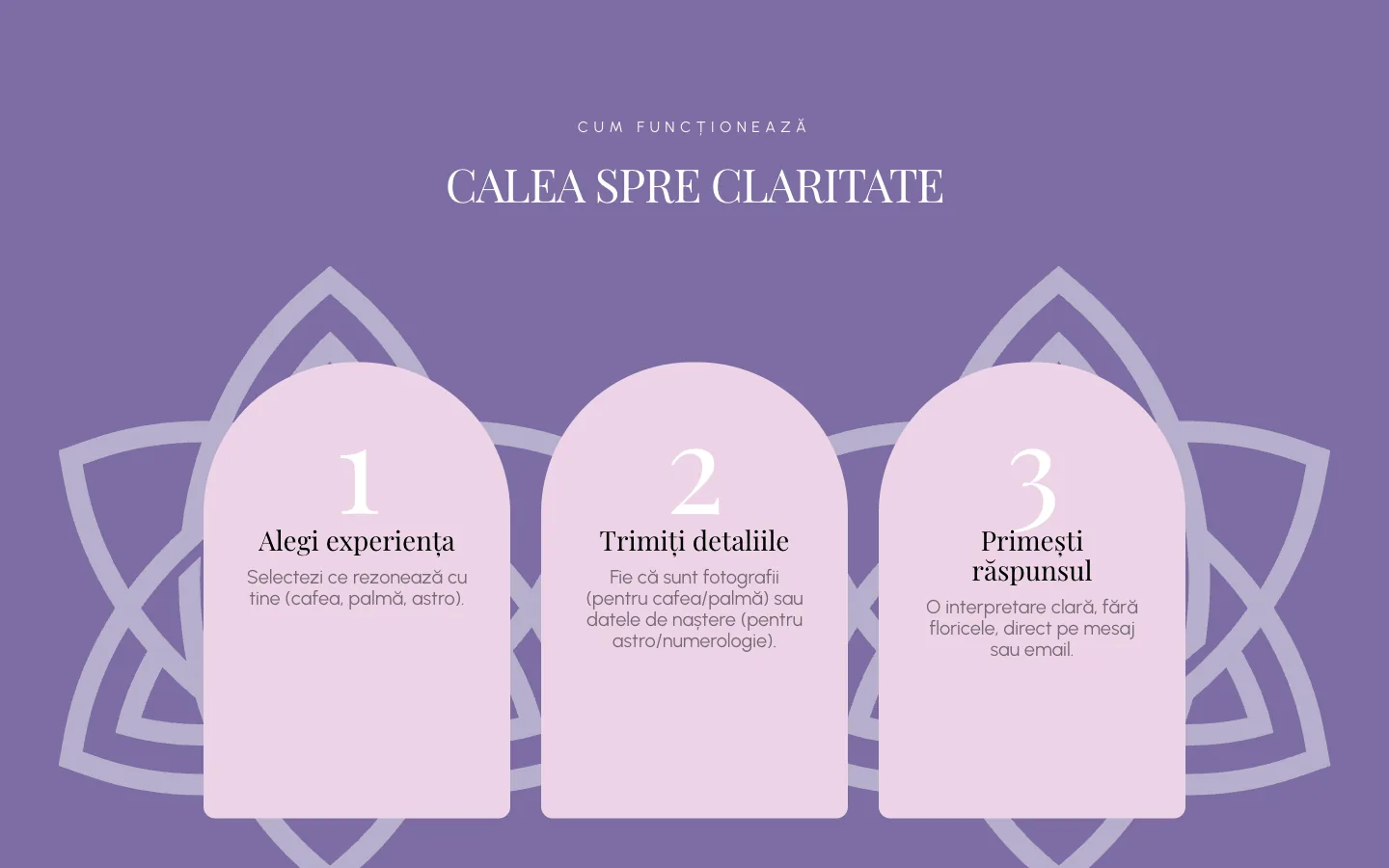 Secțiunea „Calea spre claritate”: trei pași, de la alegerea experienței și trimiterea detaliilor până la primirea răspunsului.