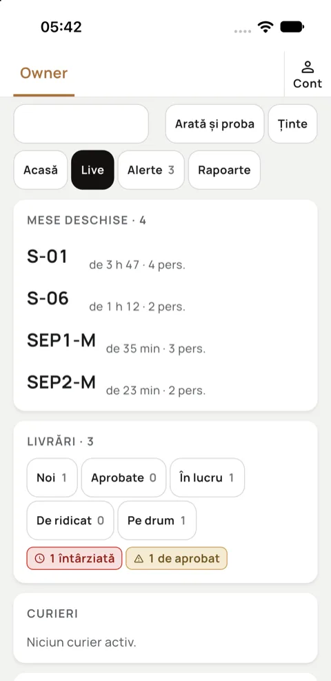 Aplicația, ecranul Live al patronului: mesele deschise, livrările pe stadii și curierii activi