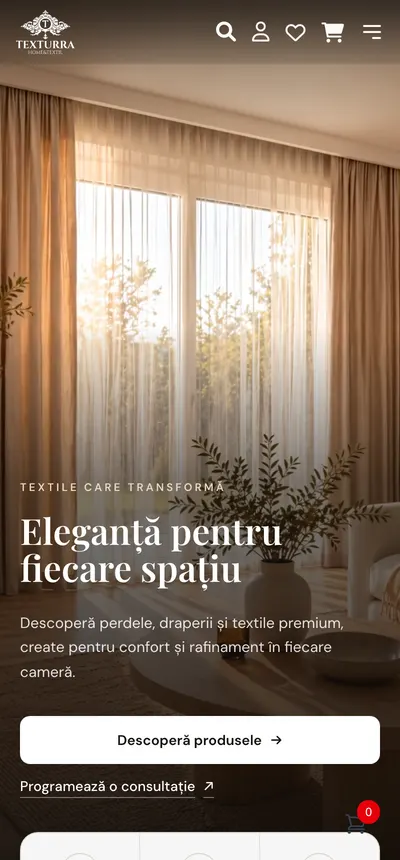 Prima pagină pe telefon: logo-ul, căutarea, contul și coșul, imaginea cu perdele, titlul „Eleganță pentru fiecare spațiu” și butonul „Descoperă produsele”.