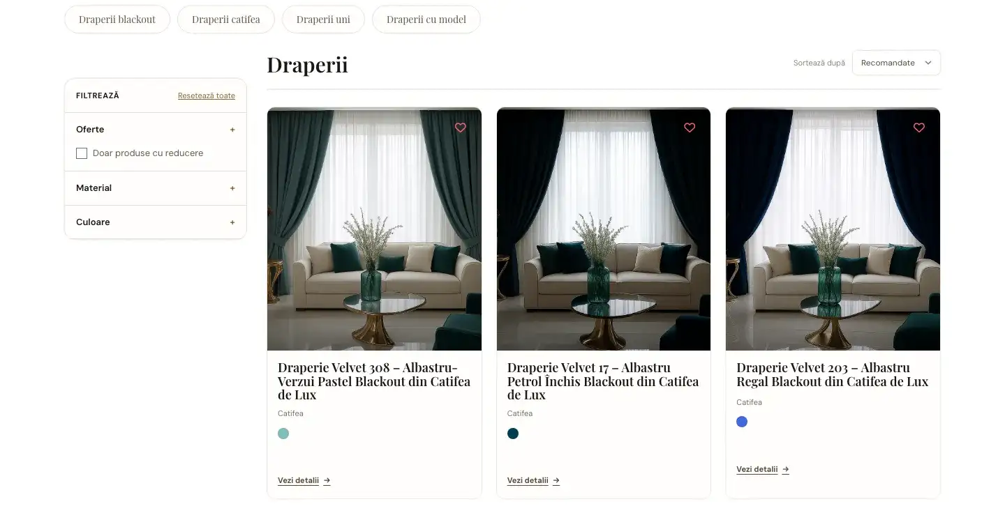 Categoria Draperii pe desktop: subcategoriile sus, filtrele pe oferte, material și culoare în stânga, cardurile de produs cu culoarea și linkul spre detalii.