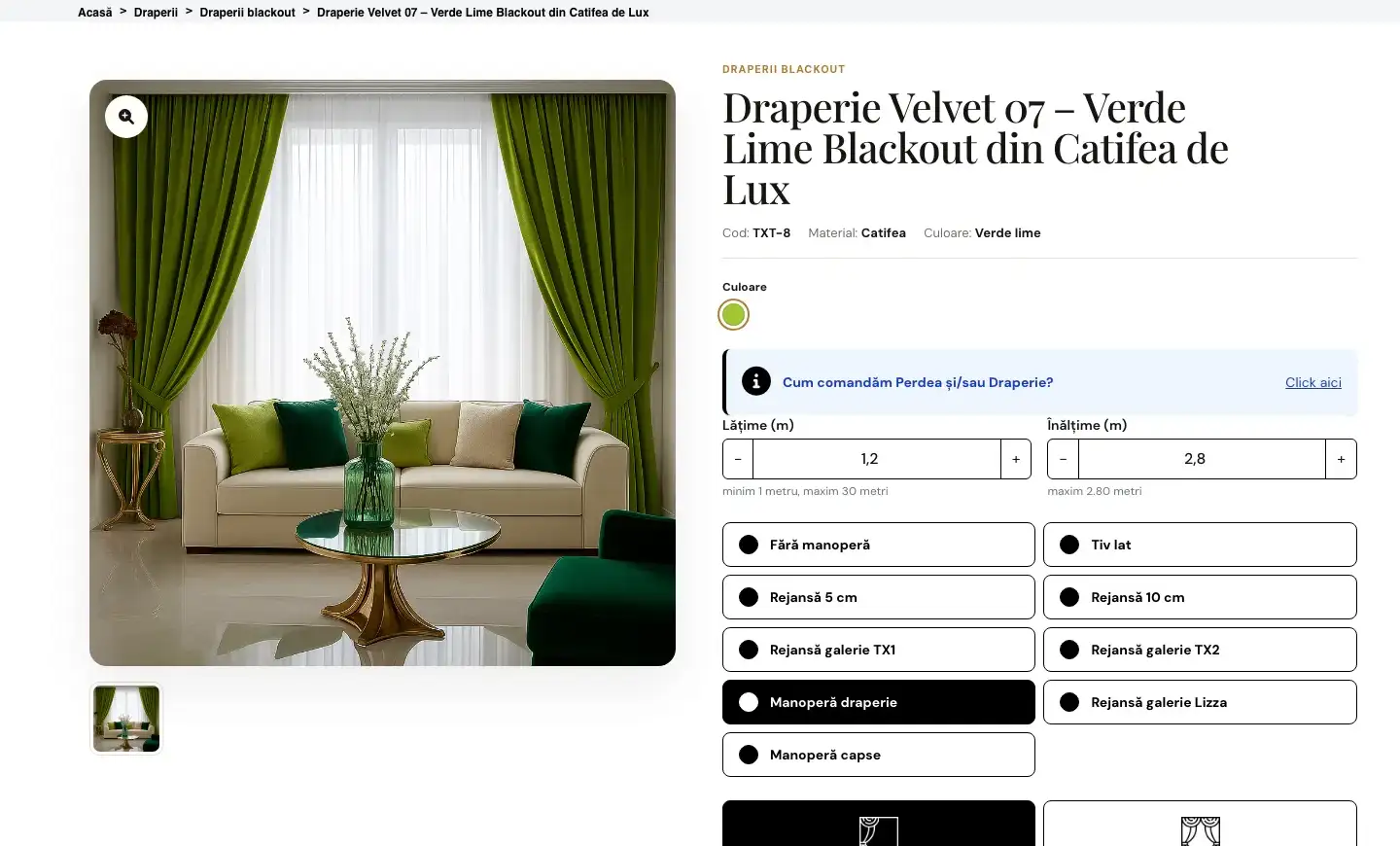 Pagina unei draperii de catifea pe desktop: fotografia produsului, codul, materialul și culoarea, apoi configuratorul cu lățimea, înălțimea, tipurile de manoperă și alegerea între una și două bucăți.
