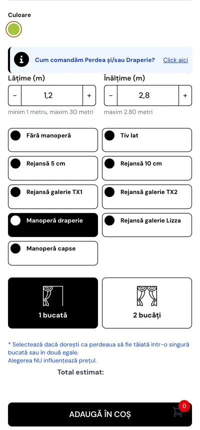 Configuratorul pe telefon: lățimea și înălțimea cu butoane plus și minus, tipurile de manoperă pe două coloane, alegerea între una și două bucăți și butonul „Adaugă în coș”.